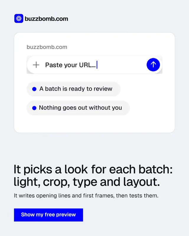 Instagram portrait post for BuzzBomb: "It picks a look for each batch: light, crop, type and layout." Swiss style, bottom layout, light palette in white, blue.