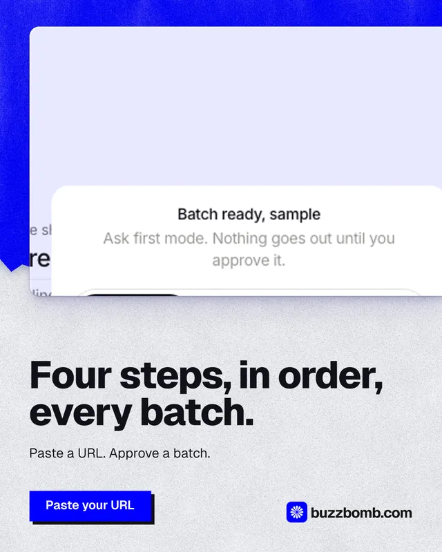 Instagram portrait post for BuzzBomb: "Four steps, in order, every batch." Paper trio style, bottom layout, light palette in blue, white.