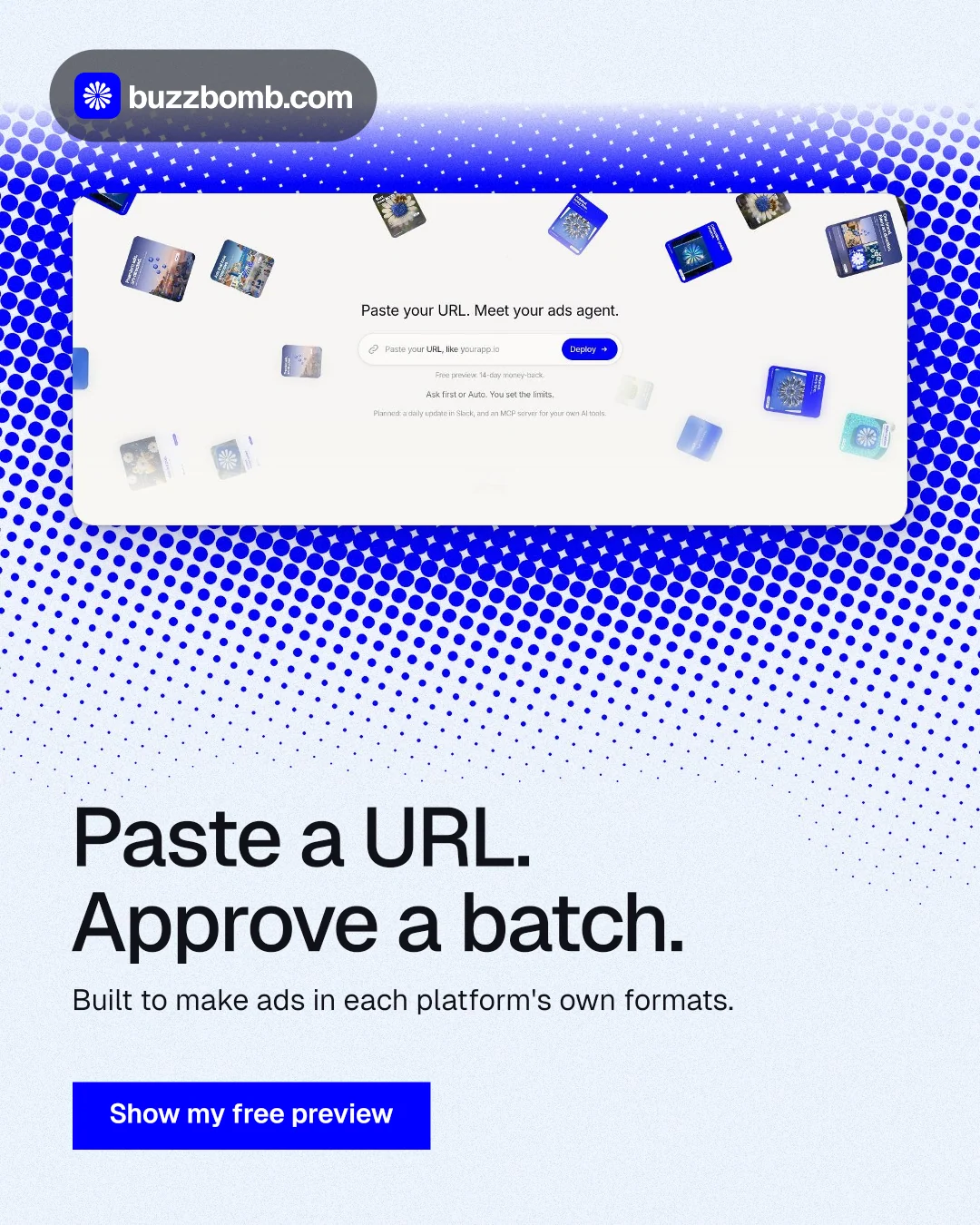 Instagram portrait post for BuzzBomb: "Paste a URL. Approve a batch." Swiss style, bottom layout, light palette in white, blue.