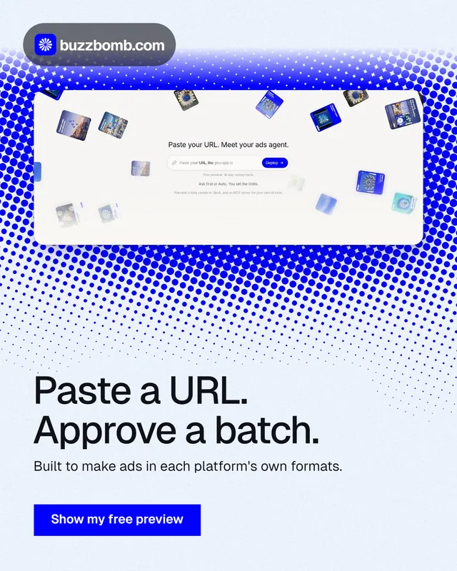 Instagram portrait post for BuzzBomb: "Paste a URL. Approve a batch." Swiss style, bottom layout, light palette in white, blue.
