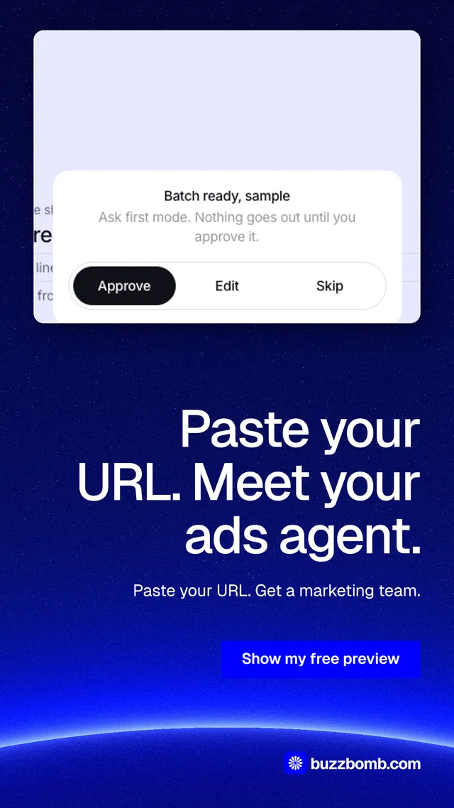 Instagram story for BuzzBomb: "Paste your URL. Meet your ads agent." Swiss style, right layout, dark palette in blue, white.
