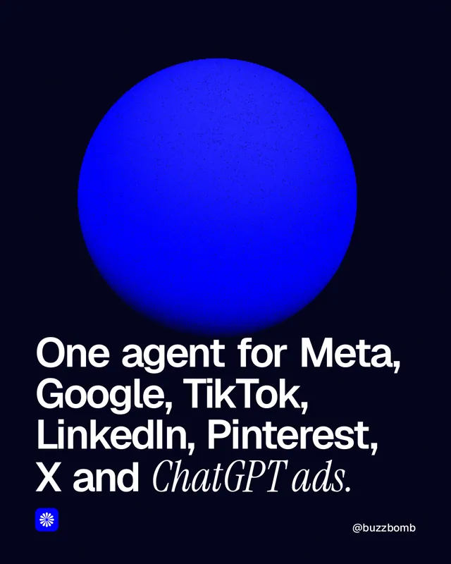 Instagram portrait post for BuzzBomb: "One agent for Meta, Google, TikTok, LinkedIn, Pinterest, X and ChatGPT ads." Auto 4x5 style, technique:shader field layout, dark palette in black, blue.