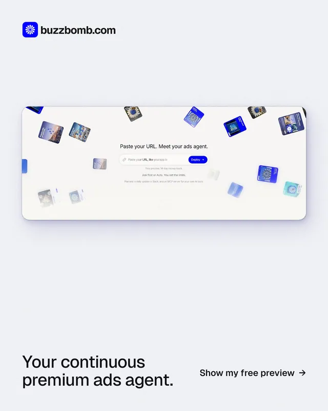 Instagram portrait post for BuzzBomb: "Your continuous premium ads agent." Data card style, image led layout, light palette in white, blue.