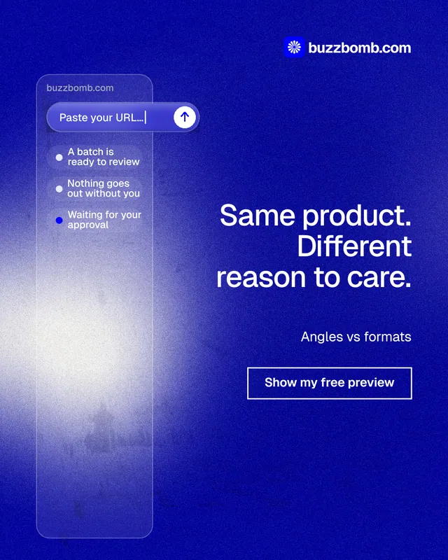 Instagram portrait post for BuzzBomb: "Same product. Different reason to care." Cyanotype style, right layout, dark palette in blue.