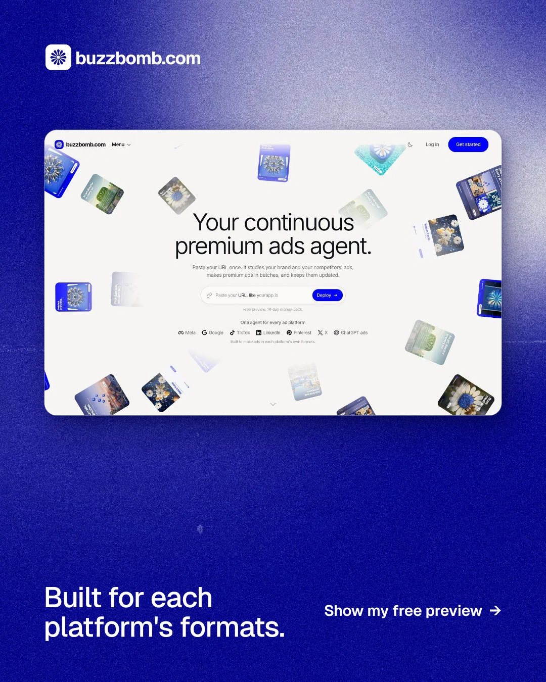 Instagram portrait post for BuzzBomb: "Built for each platform's formats." Cyanotype style, image led layout, light palette in white, blue.