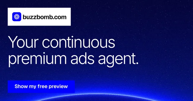 Social ad for BuzzBomb: "Your continuous premium ads agent." Swiss style, announce layout, dark palette in blue.