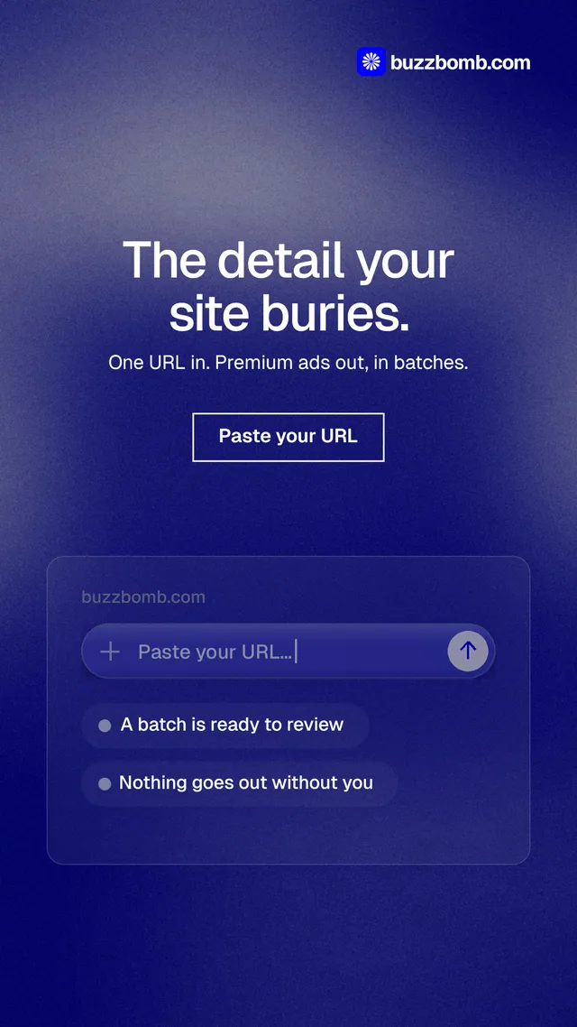 Instagram story for BuzzBomb: "The detail your site buries." Cyanotype style, centred layout, dark palette in blue.