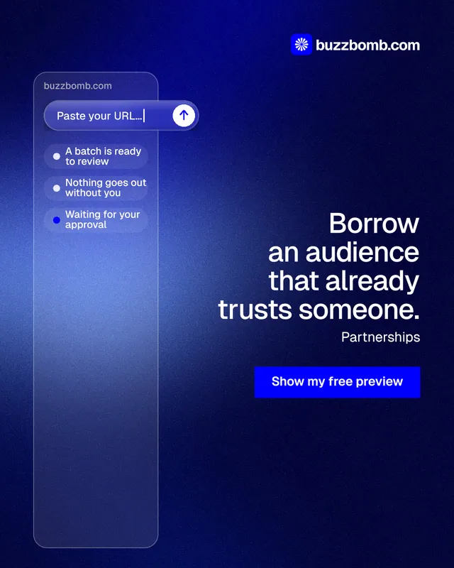 Instagram portrait post for BuzzBomb: "Borrow an audience that already trusts someone." Swiss style, right layout, dark palette in blue.