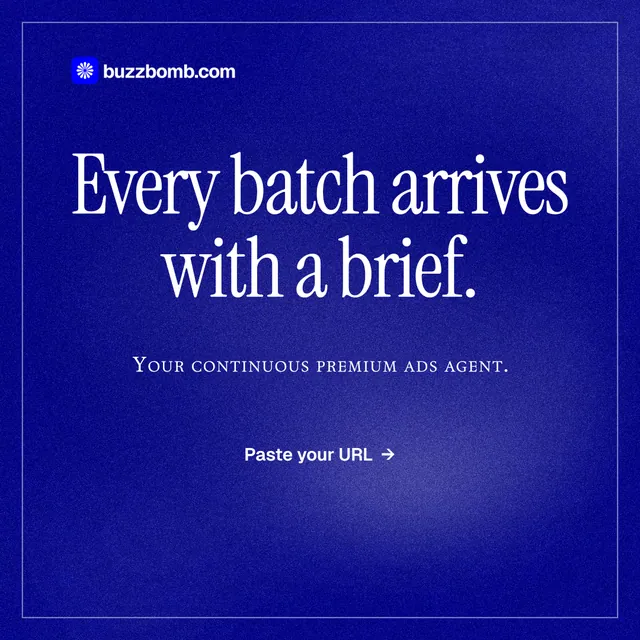Instagram post for BuzzBomb: "Every batch arrives with a brief." Editorial style, smallcaps layout, dark palette in blue.