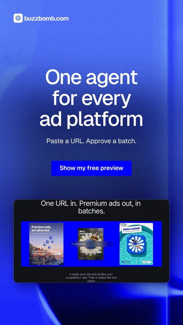 Instagram story for BuzzBomb: "One agent for every ad platform". Swiss style, centred layout, dark palette in blue.