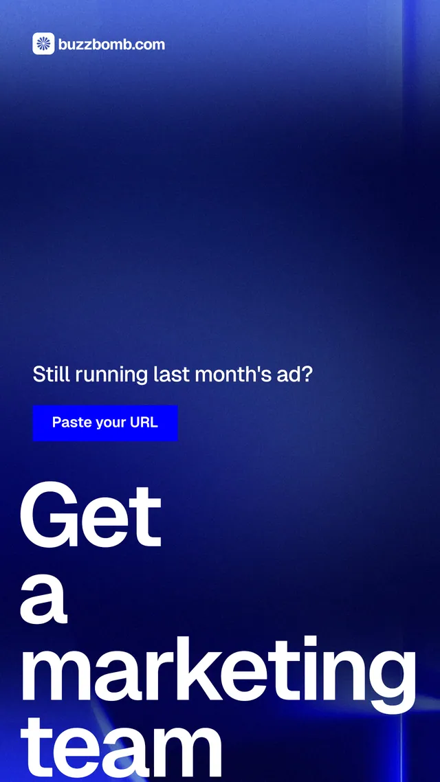 Instagram story for BuzzBomb: "Get a marketing team." Swiss style, oversized layout, dark palette in blue.