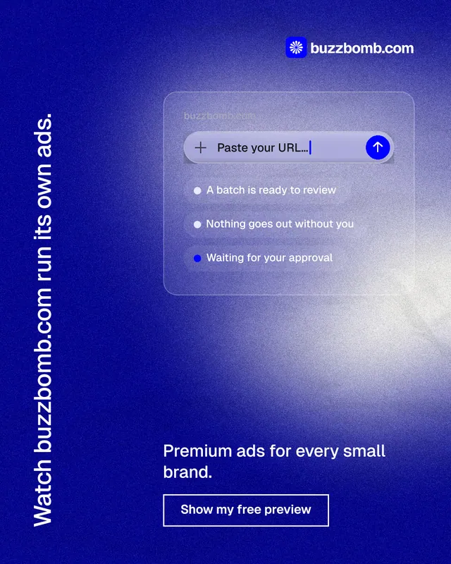 Instagram portrait post for BuzzBomb: "Watch buzzbomb.com run its own ads." Cyanotype style, vertical layout, dark palette in blue.