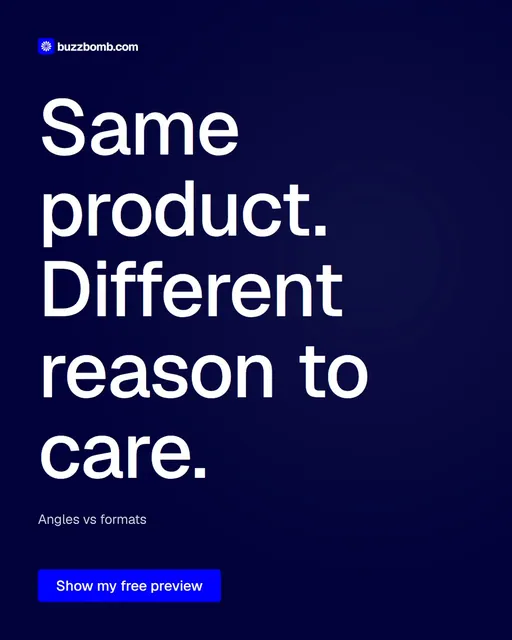 Video for BuzzBomb: "Same product. Different reason to care.". Doc motion loop, 7.0 s, dark palette.
