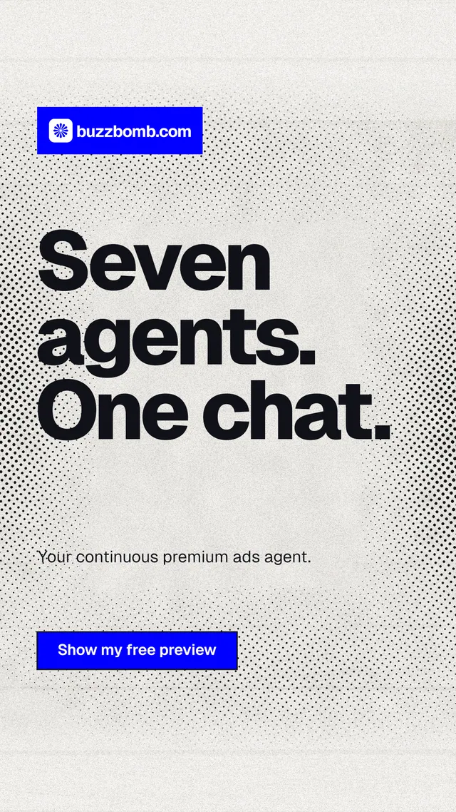 Instagram story for BuzzBomb: "Seven agents. One chat." Ink sticker style, announce layout, light palette in white, grey.