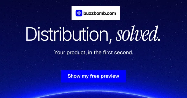 Social ad for BuzzBomb: "Distribution, solved." Swiss style, centred layout, dark palette in blue.