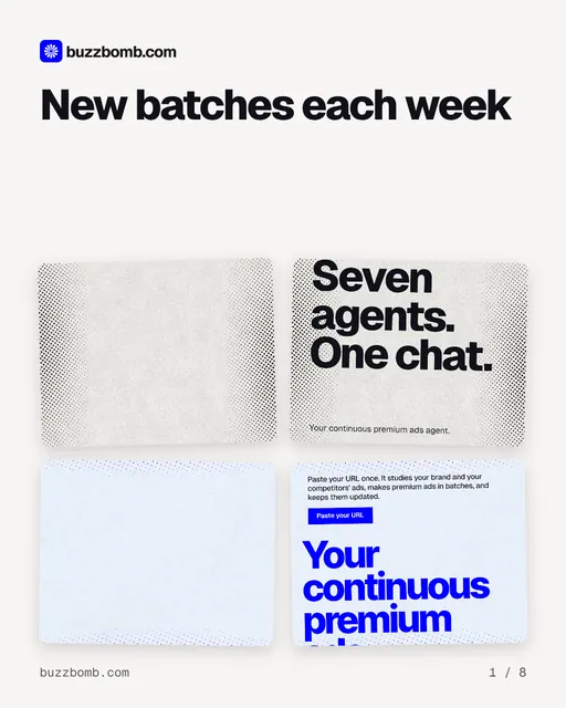 Carousel for BuzzBomb: "New batches each week". Collection carousel, 8 slides, light palette.