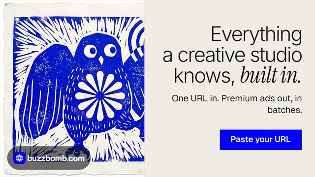 Landscape graphic for BuzzBomb: "Everything a creative studio knows, built in." Swiss style, right layout, light palette in yellow, blue, grey.