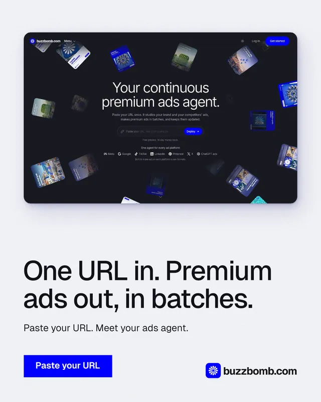Instagram portrait post for BuzzBomb: "One URL in. Premium ads out, in batches." Swiss style, bottom layout, light palette in white, blue, grey.
