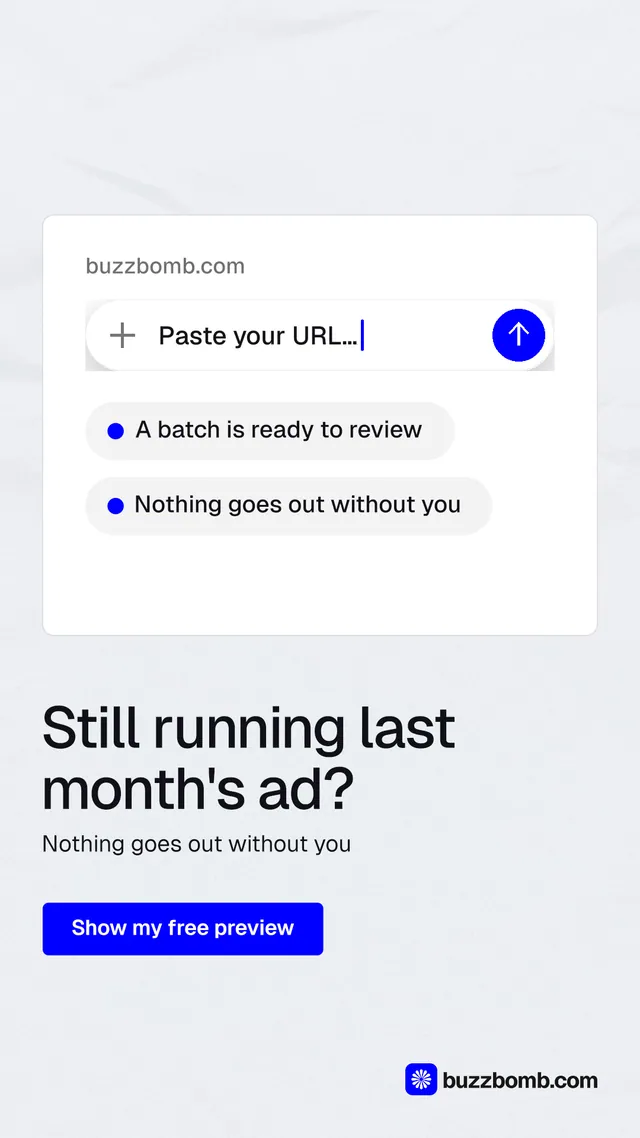Instagram story for BuzzBomb: "Still running last month's ad?" Data card style, bottom layout, light palette in white, blue.
