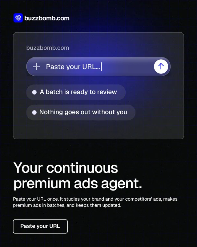 Instagram portrait post for BuzzBomb: "Your continuous premium ads agent." Phosphor atlas style, bottom layout, dark palette in blue, black.