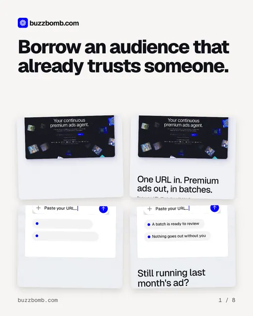 Carousel for BuzzBomb: "Borrow an audience that already trusts someone.". Collection carousel, 8 slides, light palette.