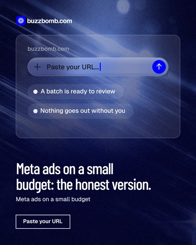 Instagram portrait post for BuzzBomb: "Meta ads on a small budget: the honest version." Dark deco style, bottom layout, dark palette in blue, black.