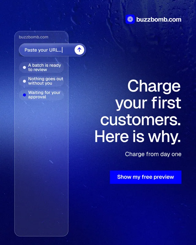 Instagram portrait post for BuzzBomb: "Charge your first customers. Here is why." Swiss style, right layout, dark palette in blue.