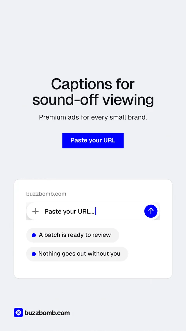 Instagram story for BuzzBomb: "Captions for sound-off viewing". Swiss style, centred layout, light palette in white, blue.