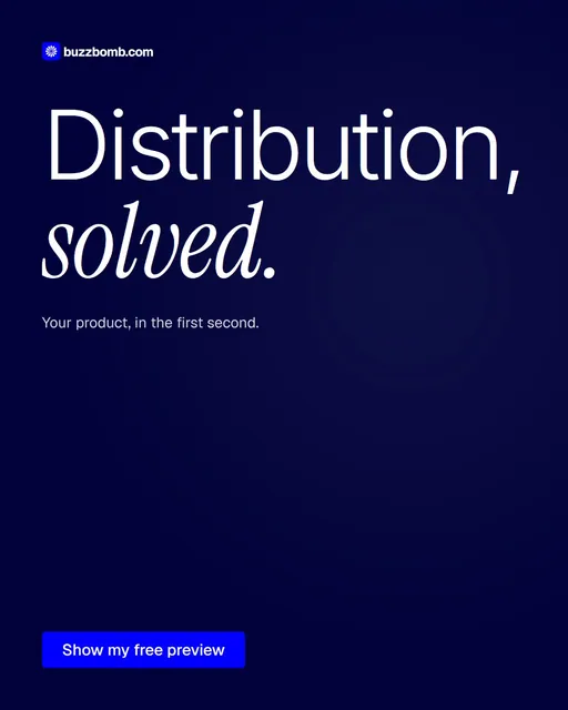 Video for BuzzBomb: "Distribution, solved.". Doc motion loop, 7.0 s, dark palette.