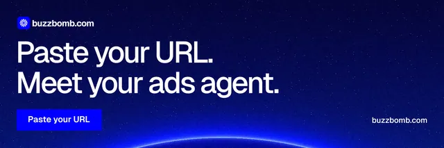 X header for BuzzBomb: "Paste your URL. Meet your ads agent." Swiss style, poster layout, dark palette in blue.