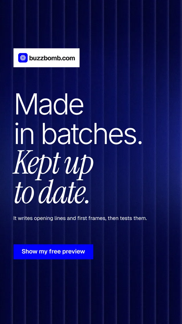 Instagram story for BuzzBomb: "Made in batches. Kept up to date." Swiss style, announce layout, dark palette in black, blue.