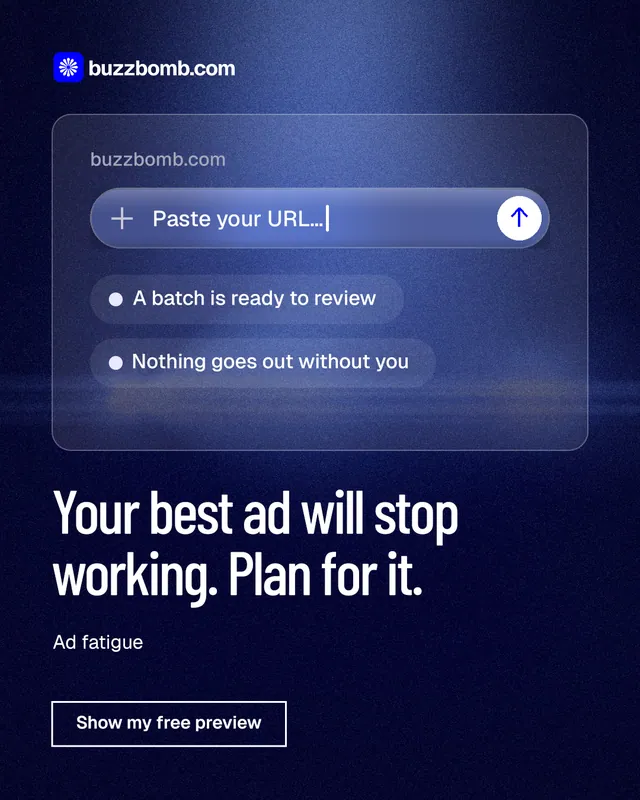 Instagram portrait post for BuzzBomb: "Your best ad will stop working. Plan for it." Dark deco style, bottom layout, dark palette in blue, black.