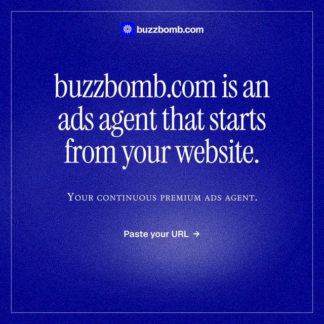Instagram post for BuzzBomb: "buzzbomb.com is an ads agent that starts from your website." Editorial style, smallcaps layout, dark palette in blue.