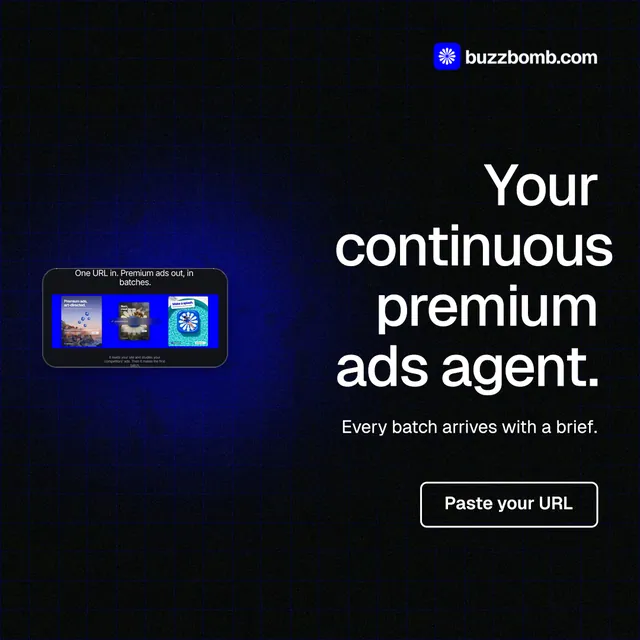 Instagram post for BuzzBomb: "Your continuous premium ads agent." Phosphor atlas style, right layout, dark palette in black, grey.