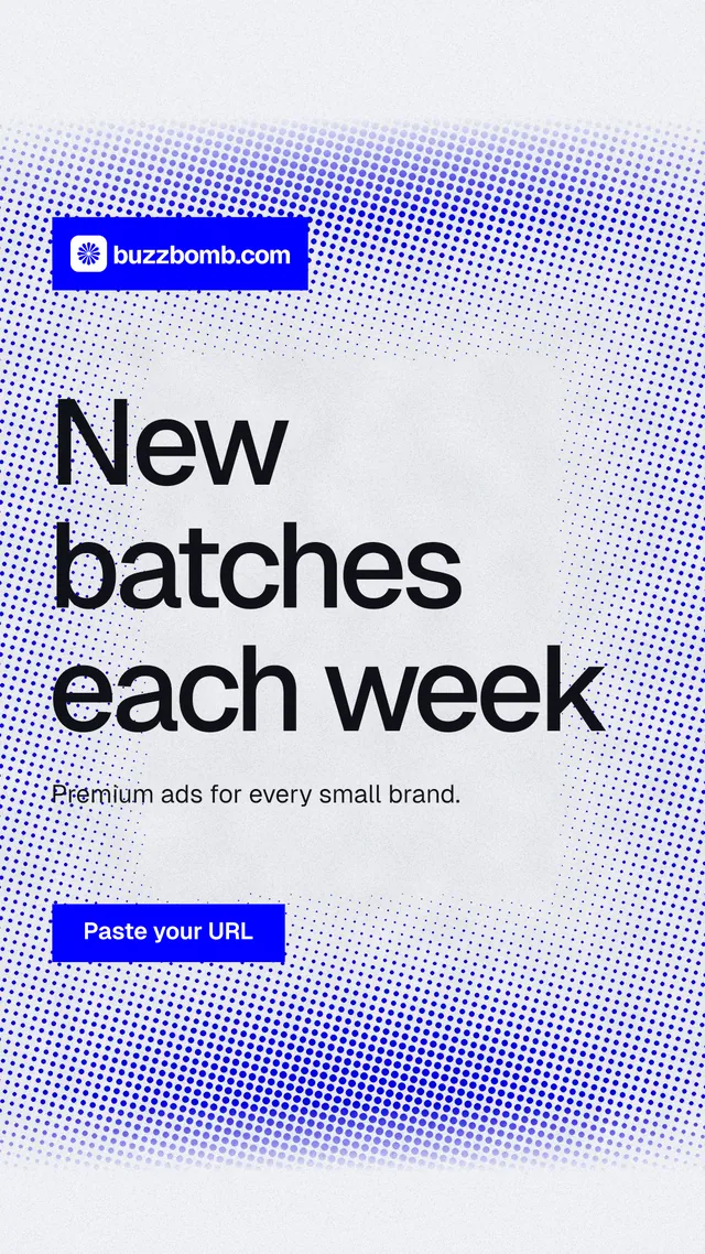 Instagram story for BuzzBomb: "New batches each week". Swiss style, announce layout, light palette in blue, white.