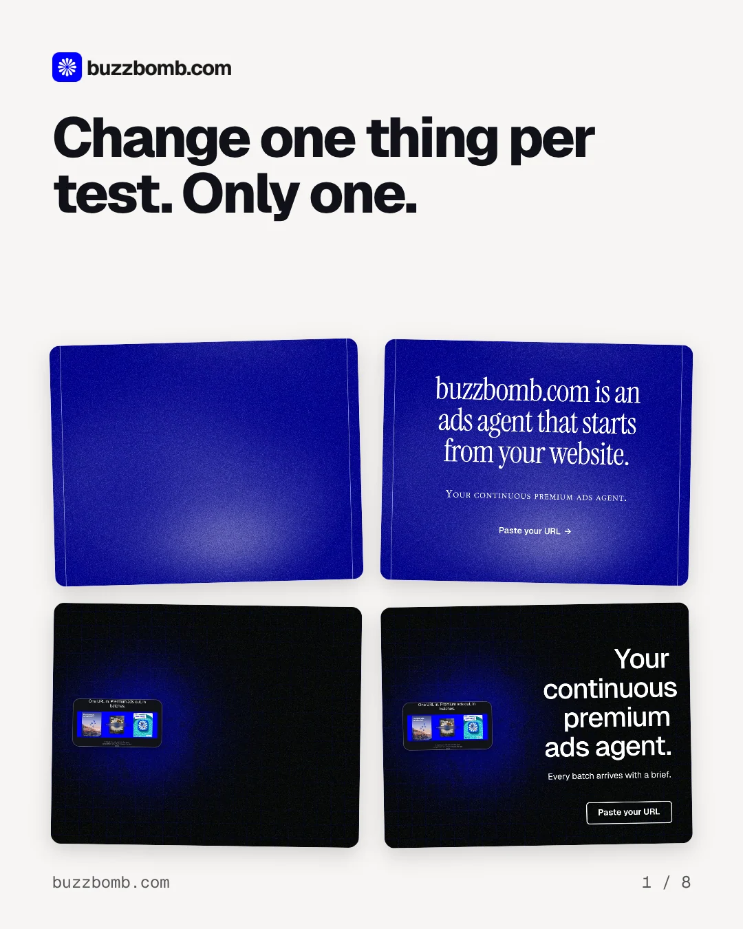 Carousel for BuzzBomb: "Change one thing per test. Only one.". Collection carousel, 8 slides, light palette.