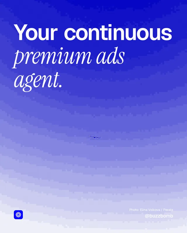 Instagram portrait post for BuzzBomb: "Your continuous premium ads agent." Duotone style, technique:pexels ingredient layout, light palette in blue.
