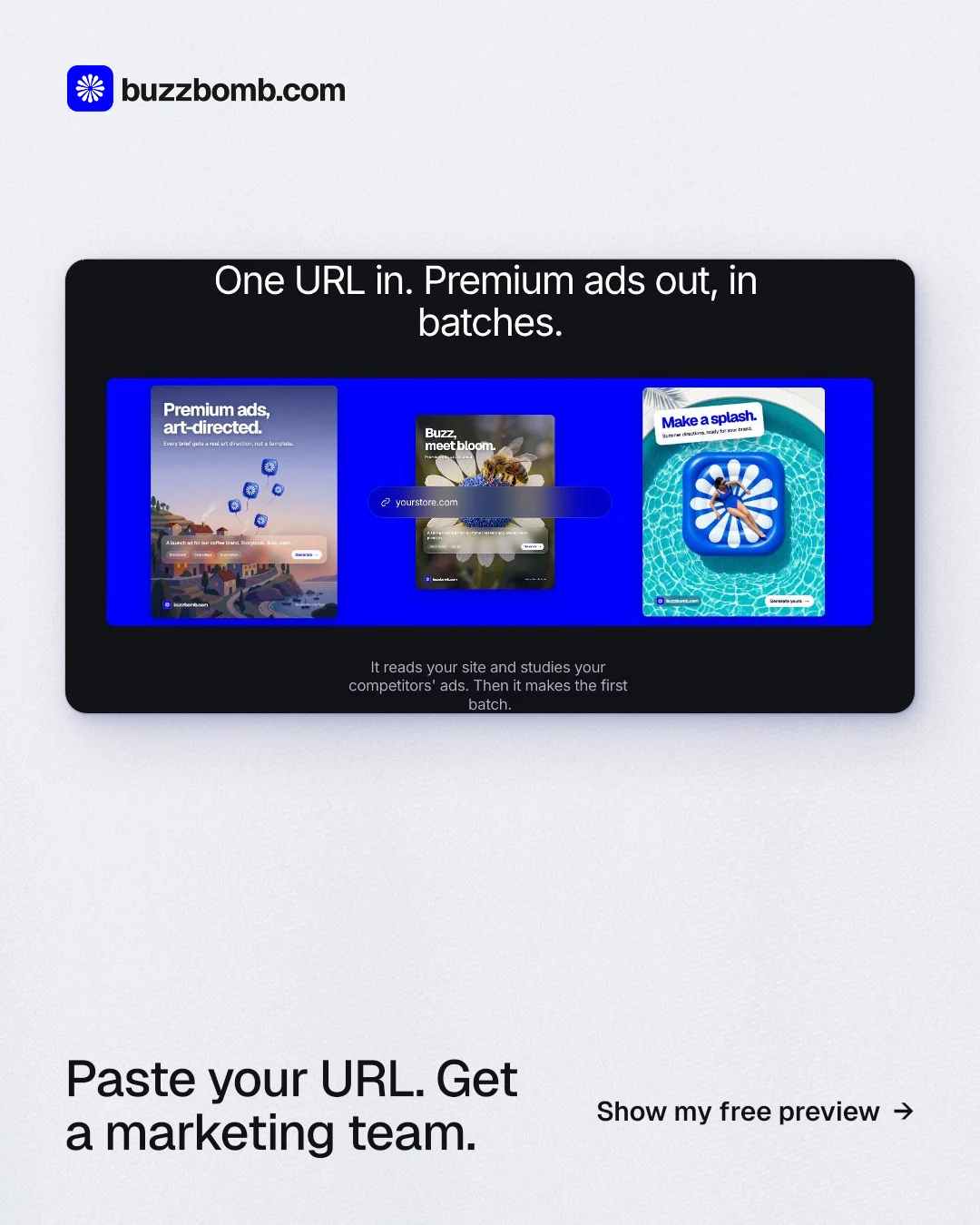 Instagram portrait post for BuzzBomb: "Paste your URL. Get a marketing team." Data card style, image led layout, light palette in white, blue, grey.