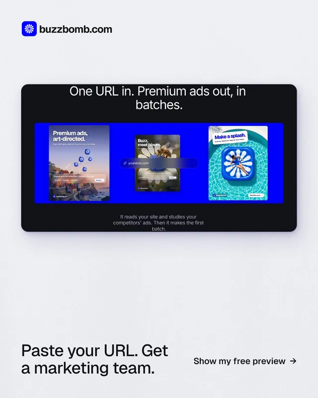 Instagram portrait post for BuzzBomb: "Paste your URL. Get a marketing team." Data card style, image led layout, light palette in white, blue, grey.