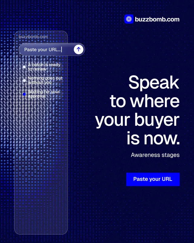 Instagram portrait post for BuzzBomb: "Speak to where your buyer is now." Swiss style, right layout, dark palette in black, blue, grey.