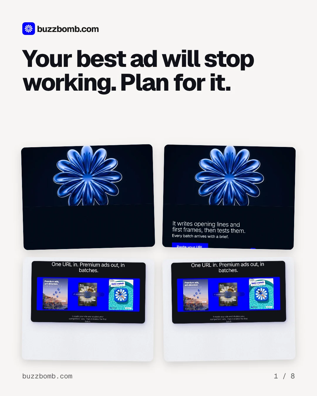 Carousel for BuzzBomb: "Your best ad will stop working. Plan for it.". Collection carousel, 8 slides, light palette.