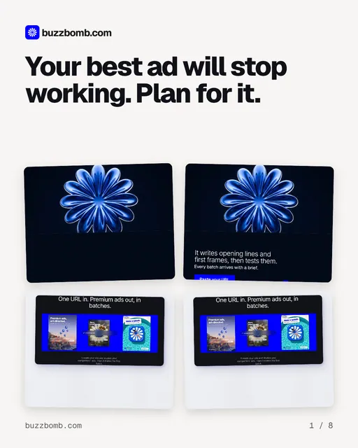 Carousel for BuzzBomb: "Your best ad will stop working. Plan for it.". Collection carousel, 8 slides, light palette.