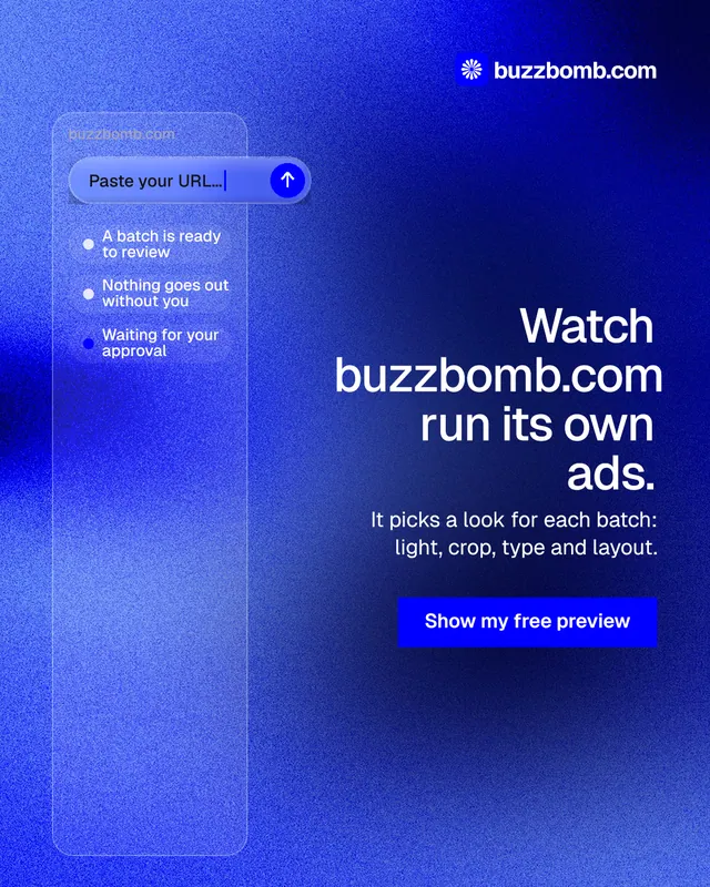 Instagram portrait post for BuzzBomb: "Watch buzzbomb.com run its own ads." Swiss style, right layout, dark palette in blue.