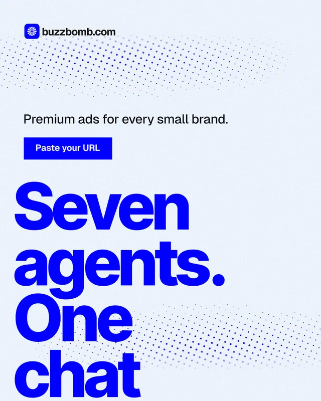 Instagram portrait post for BuzzBomb: "Seven agents. One chat." Swiss style, oversized layout, light palette in white, blue.