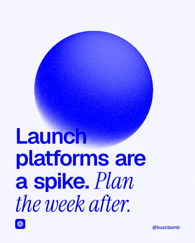 Instagram portrait post for BuzzBomb: "Launch platforms are a spike. Plan the week after." Auto 4x5 style, technique:shader field layout, light palette in white, blue.