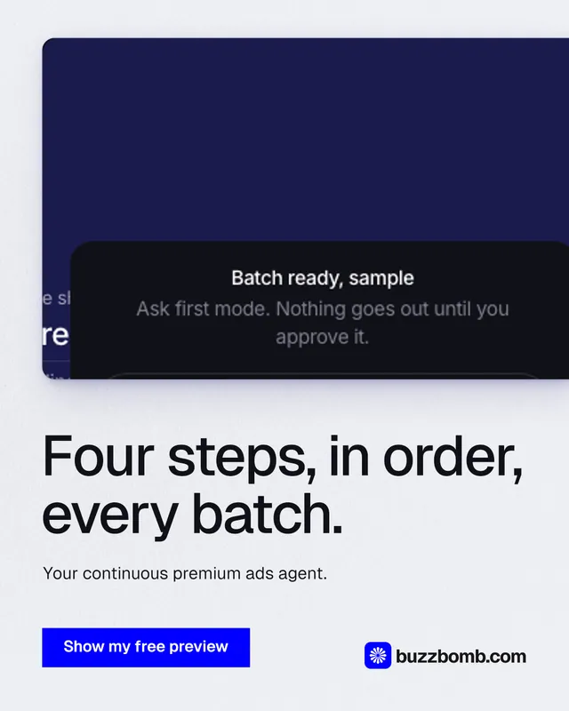 Instagram portrait post for BuzzBomb: "Four steps, in order, every batch." Swiss style, bottom layout, light palette in white, blue, grey.