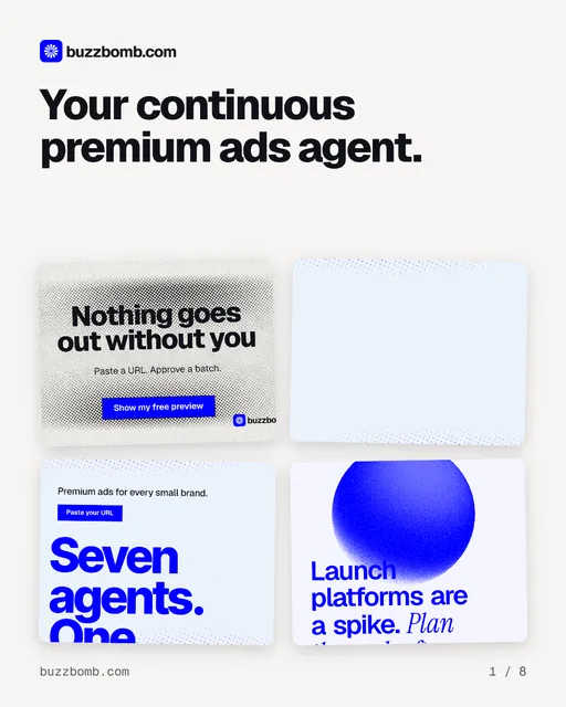 Carousel for BuzzBomb: "Your continuous premium ads agent.". Collection carousel, 8 slides, light palette.