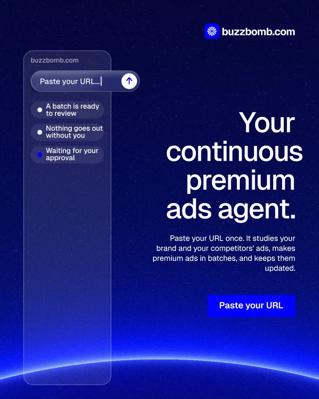 Instagram portrait post for BuzzBomb: "Your continuous premium ads agent." Swiss style, right layout, dark palette in blue.