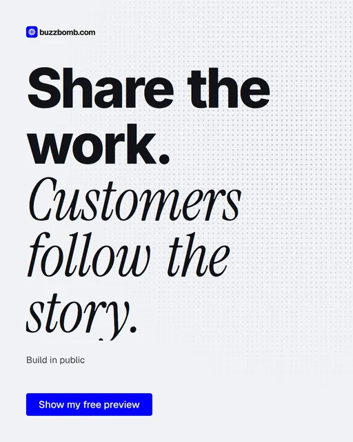 Video for BuzzBomb: "Share the work. Customers follow the story.". Doc motion loop, 8.0 s, light palette.