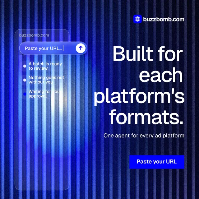 Instagram post for BuzzBomb: "Built for each platform's formats." Swiss style, right layout, dark palette in blue.
